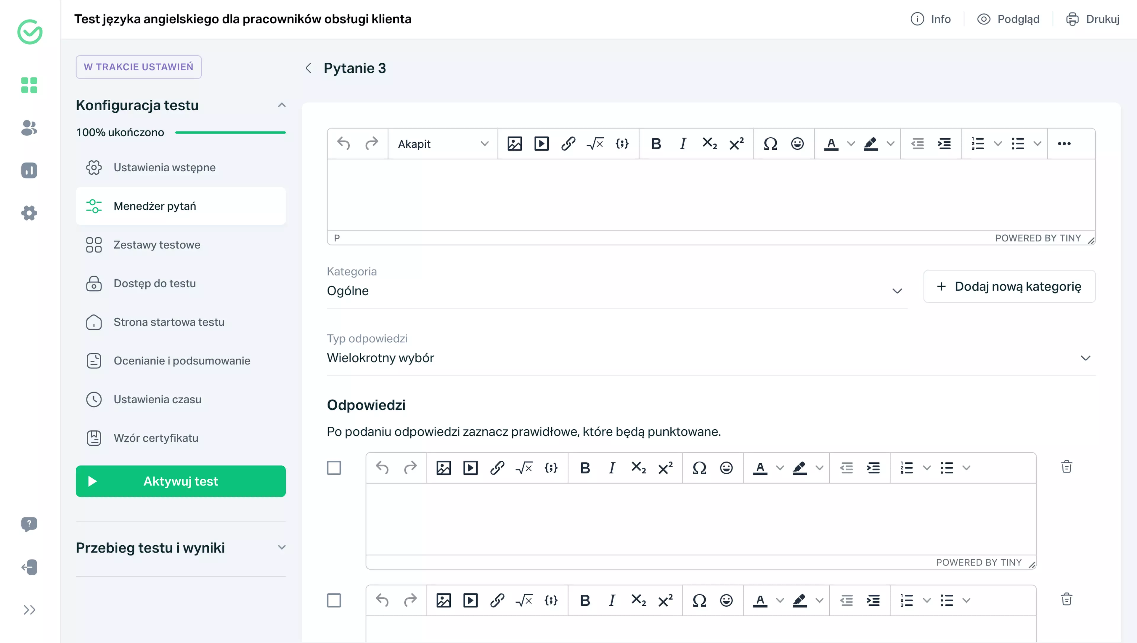 Widok aplikacji Testportal - tworzenie pytań